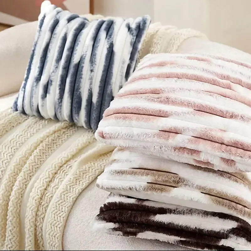 1pc Double-Sided Faux Fur Plush Cushion Cover for Sofa Fuzzy Striped Soft Throw Decorative Pillow Covers for Couch or Bedroom