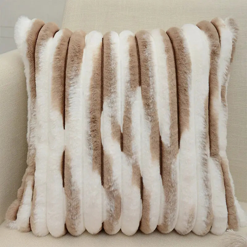 1pc Double-Sided Faux Fur Plush Cushion Cover for Sofa Fuzzy Striped Soft Throw Decorative Pillow Covers for Couch or Bedroom