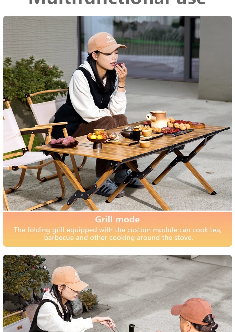 BISINNA Aluminum Alloy Custom Egg Roll Table Outdoor Folding Stove Boiling Tea Table Picnic Barbecue Wood Grain Egg Roll Table