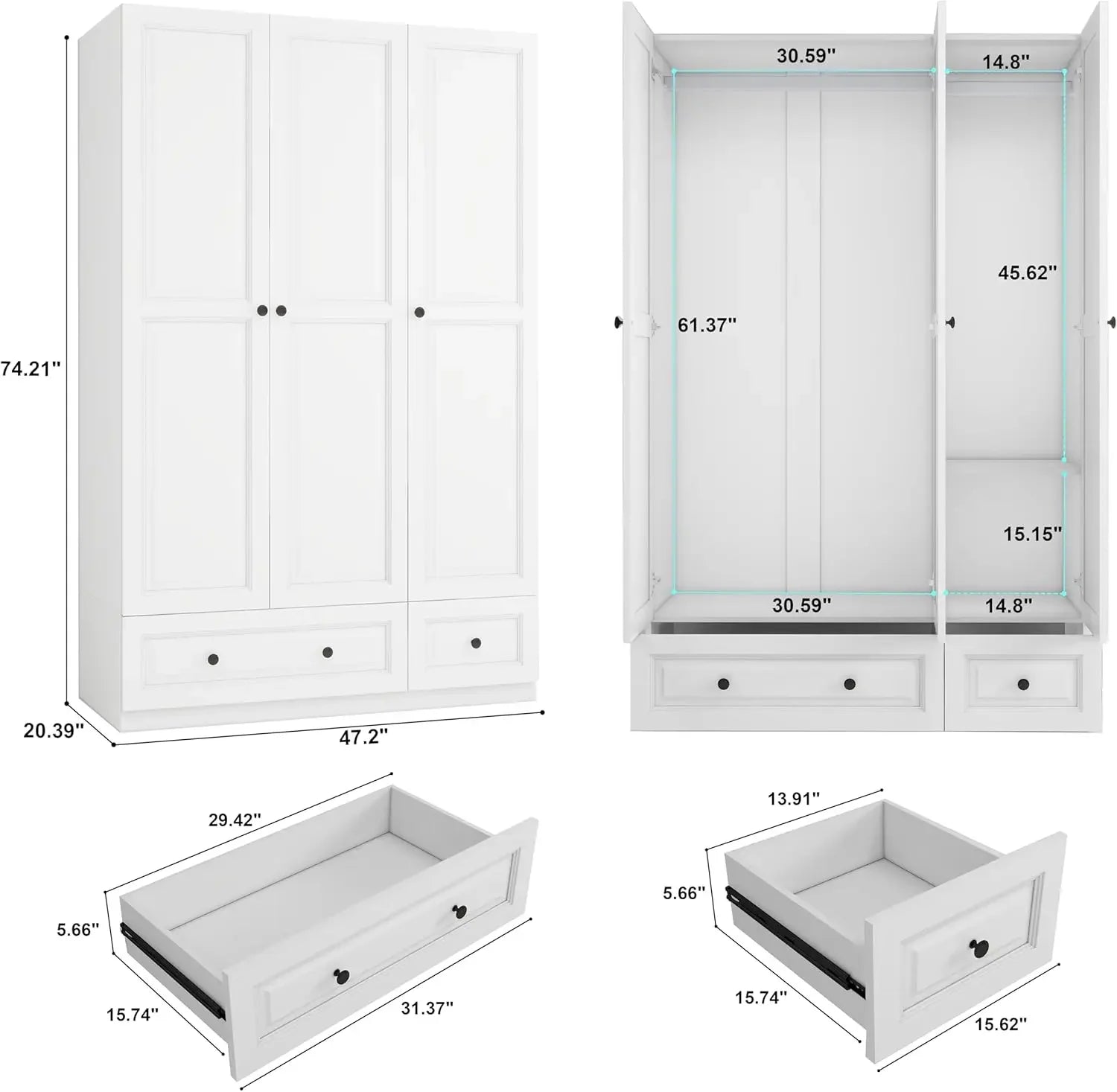 3 DoorsBedroom Armoire Wardrobe Closet with 3 Drawers, Wooden Wardrobe Closet for Hanging Clothes