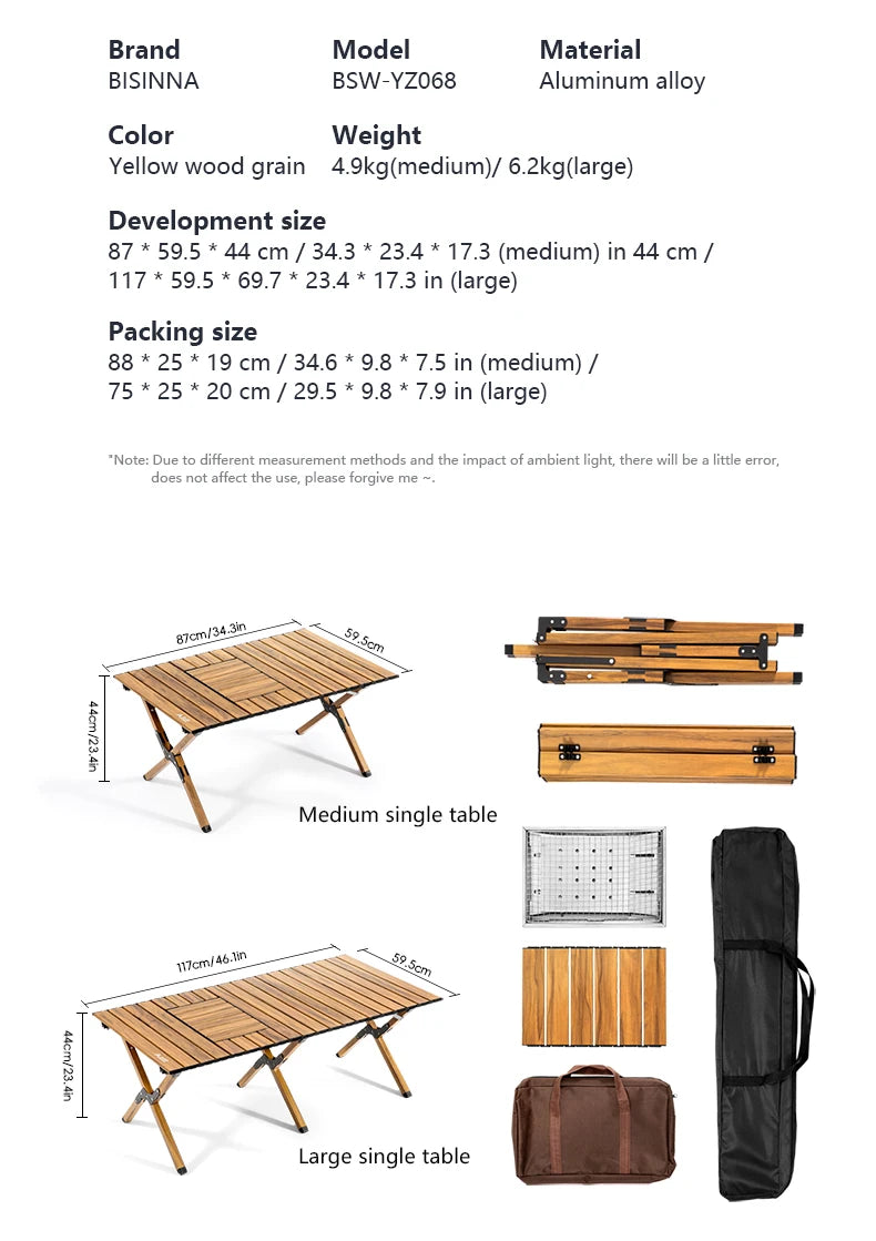 BISINNA Aluminum Alloy Custom Egg Roll Table Outdoor Folding Stove Boiling Tea Table Picnic Barbecue Wood Grain Egg Roll Table