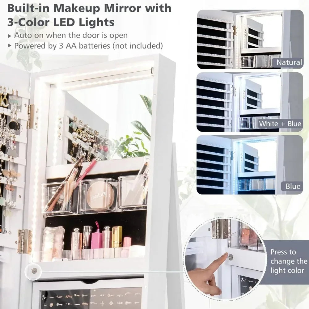 63.5" H Jewelry Armoire with Full Length Mirror 360° Swivel, Rear Storage Shelves, Lockable Standing Jewelry Cabinet Organizer