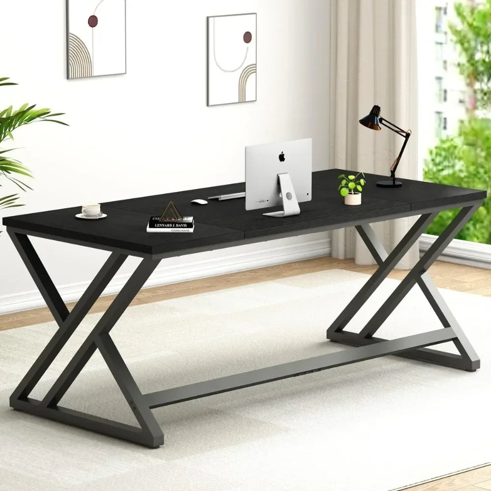 70.8" Black Computer Desk, Large Industrial Pc Study Home Office Desk, Long Modern Wood Gaming Work Writing Desk