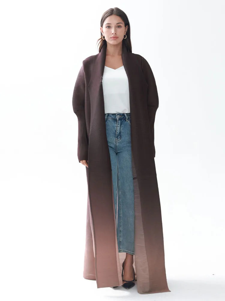 Miyake Pleated Gradient Turndown Collar Lantern Long Sleeve Jacket Women 2024 New Original Designer Abaya Fashion Long Coats