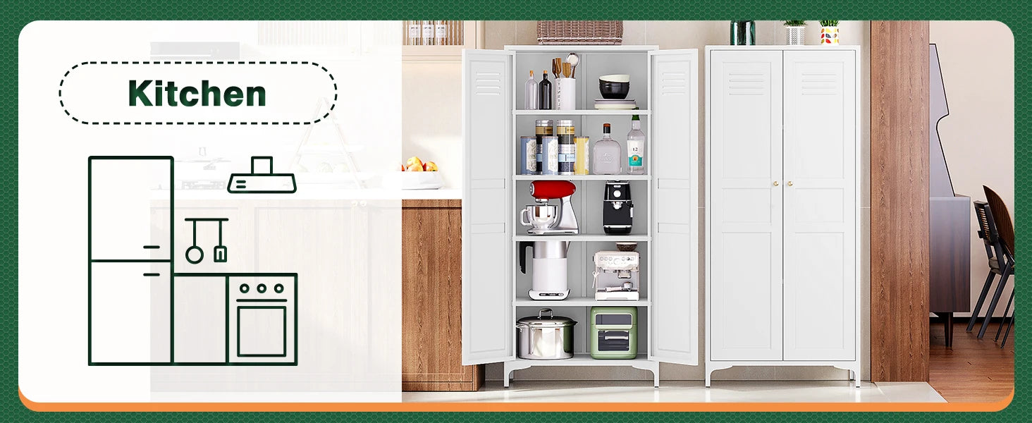 White Storage Cabinet with Feets-Metal Home Kitchen Pantry Cabinets with Doors and Adjustable Shelves,Organization Locker