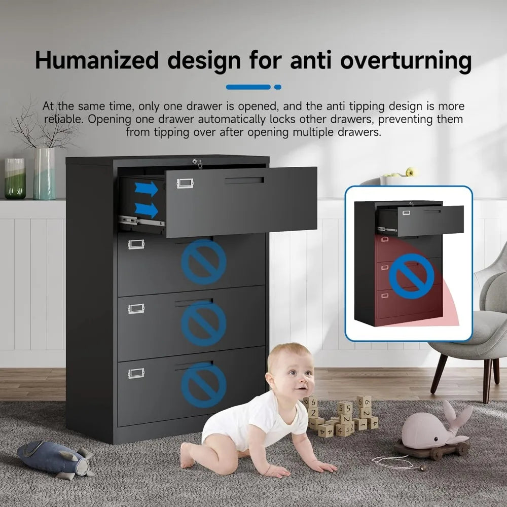 4 Drawer Filing Cabinet with Lock Metal Lateral File Cabinet Office Home Steel Lateral File Cabinet for A4 Legal