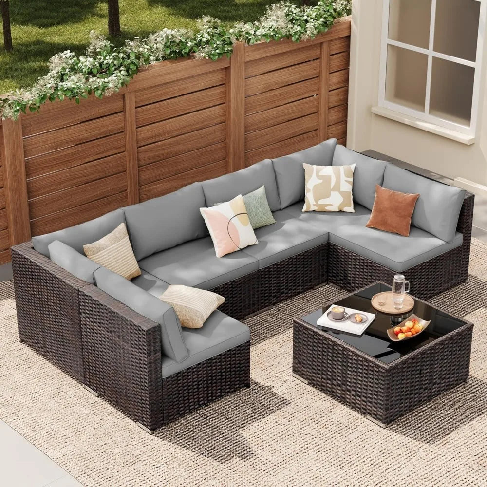 7 Pieces Outdoor Patio Furniture Set PE Rattan Outdoor Wicker Sectional Furniture Sofa Set, with Cushions and Glass Coffee Table