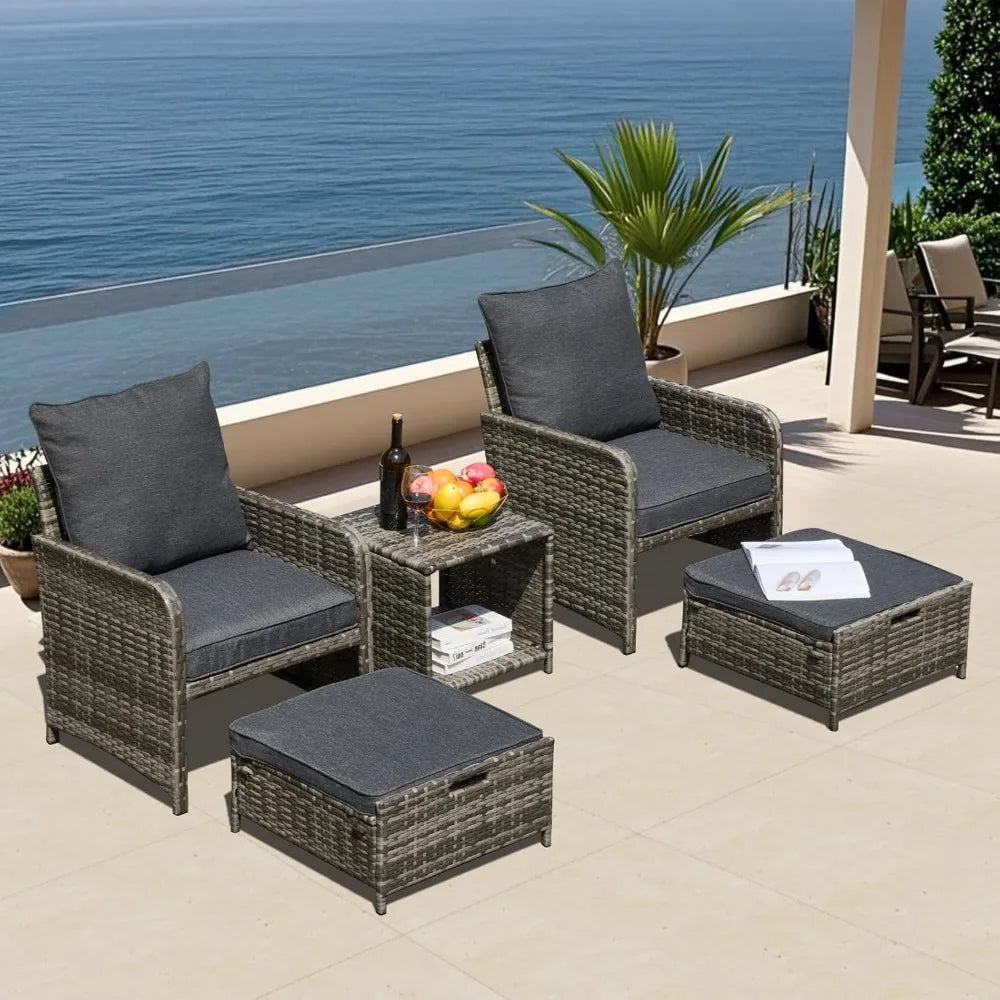 5 Pieces Patio Furniture Set Rattan Wicker Sofa Outdoor Conversations Sets with Table and Ottomans for Garden, Poolside, Backyar
