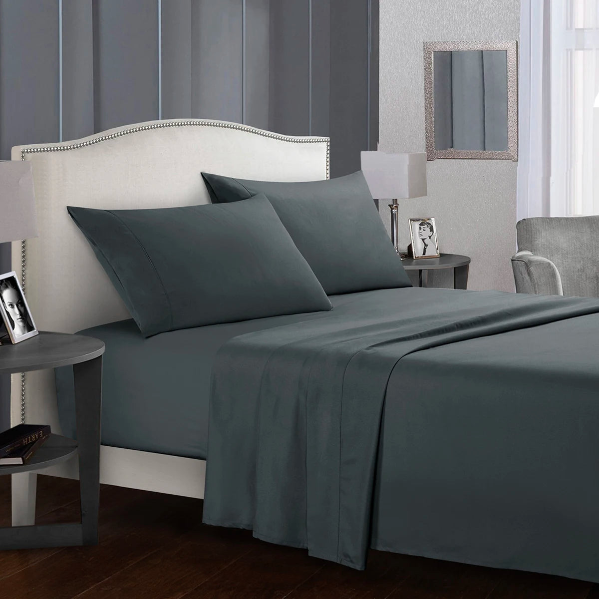 3/4pcs Solid Beding Set, Waterproof Fitted sheet & Bed Sheet & Pillowcases Soft, Queen, KIng, Full, Twin Size, White and Gray