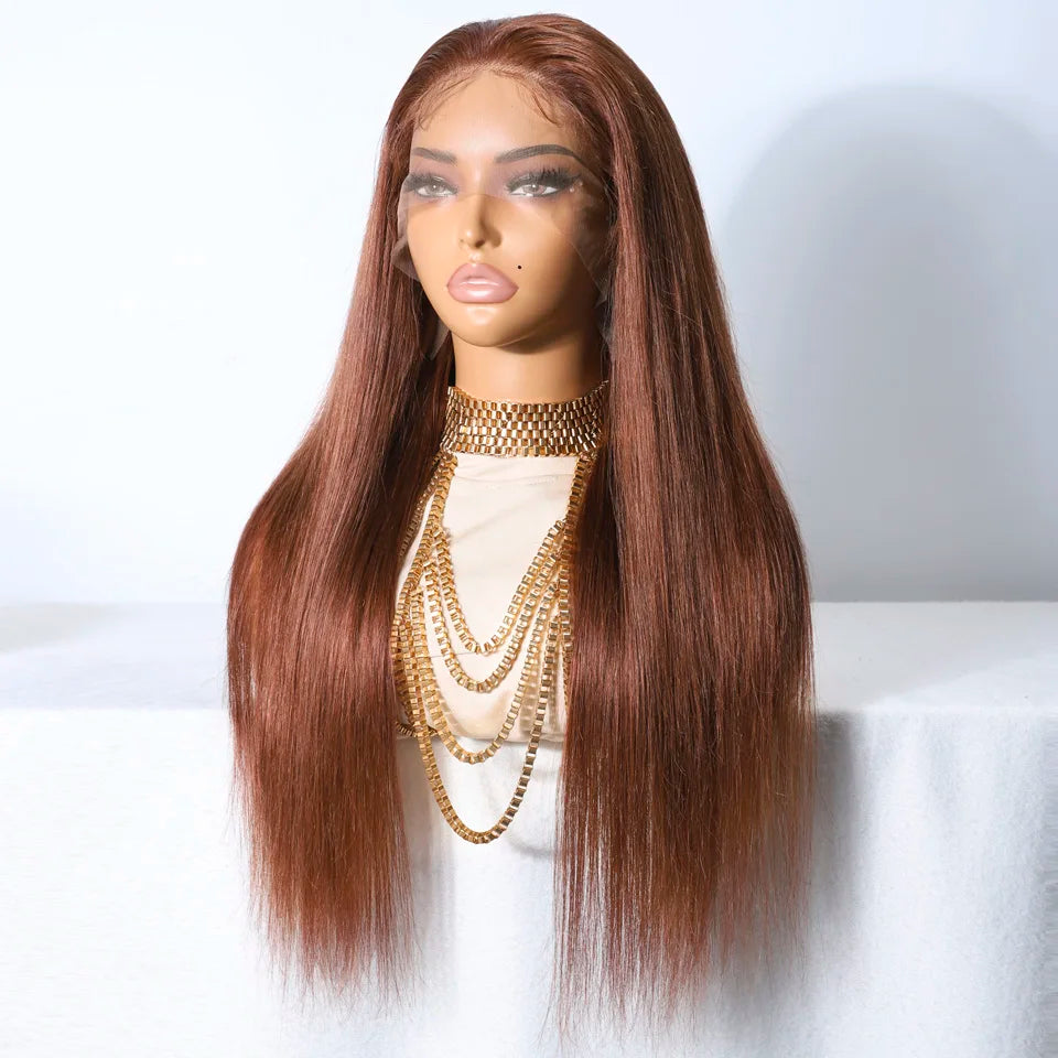 Lekker Chocolate Brown Bone Straight Lace Frontal Human Hair Wigs For Women Brazilian Remy Hair Pre Plucked Baby Hair 30" Wigs