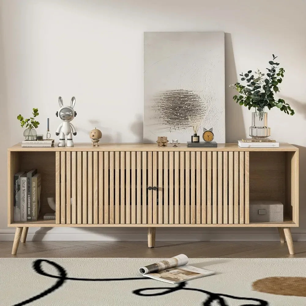 Mid Century Modern TV Stand for Televisions , with Sliding Doors and Storage, Television Stands, TV Consoles,