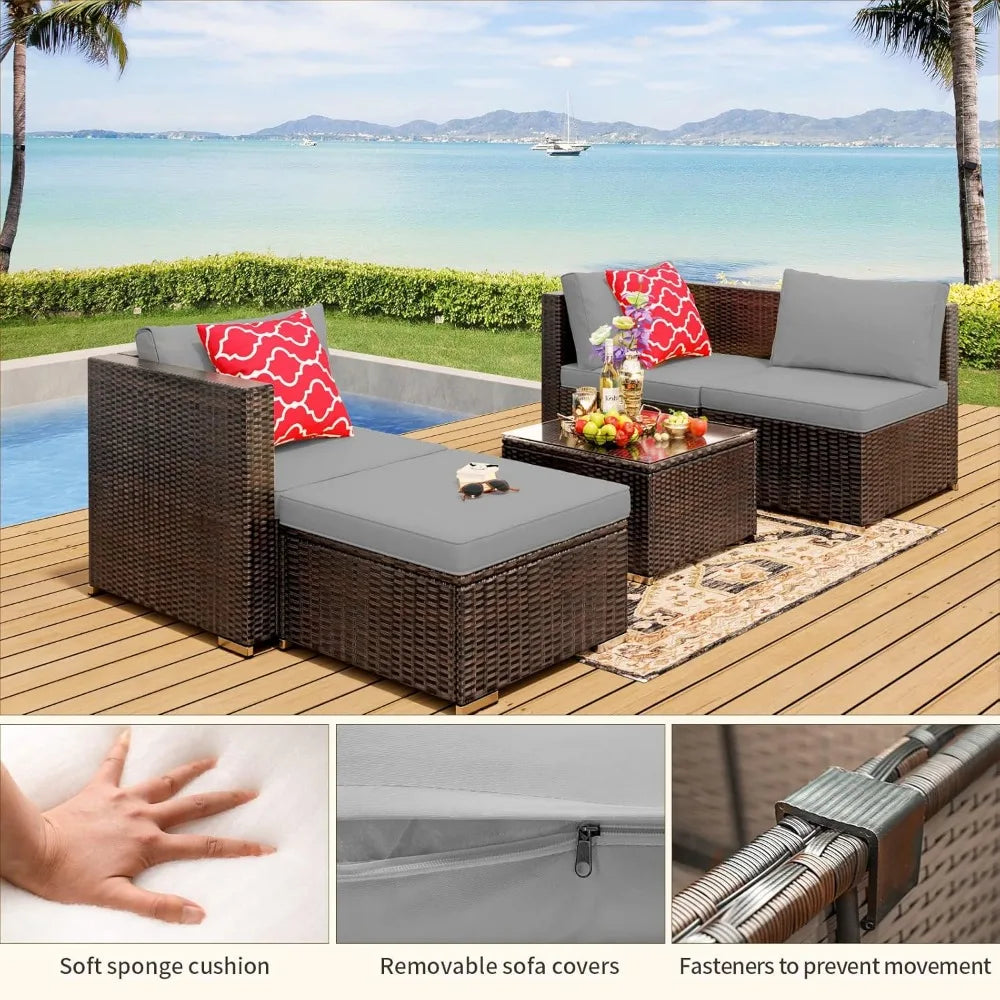 Outdoor Patio Sofa Set PE Wicker Rattan Sectional Conversation Sofa with a Glass Coffee Table for Backyard Porch Poolside Patio