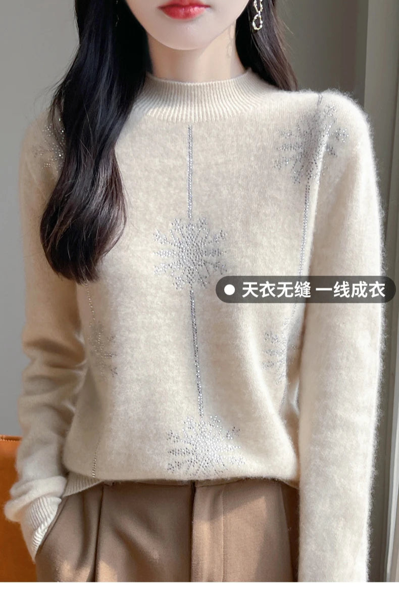 Diamond 100% Merino Wool Sweater 2024 New Women's Fashion Autumn/Winter Warm Hoodie Elegant Half High Collar Jumper Knitted Top