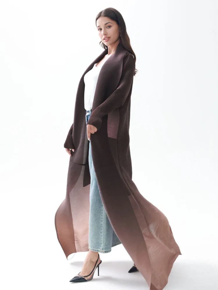 Miyake Pleated Gradient Turndown Collar Lantern Long Sleeve Jacket Women 2024 New Original Designer Abaya Fashion Long Coats