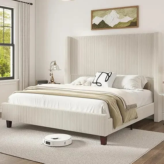 Corduroy Upholstered Bed Frame, Platform Bed with Vertical Stripe Wingback Headboard, No Box Spring Needed