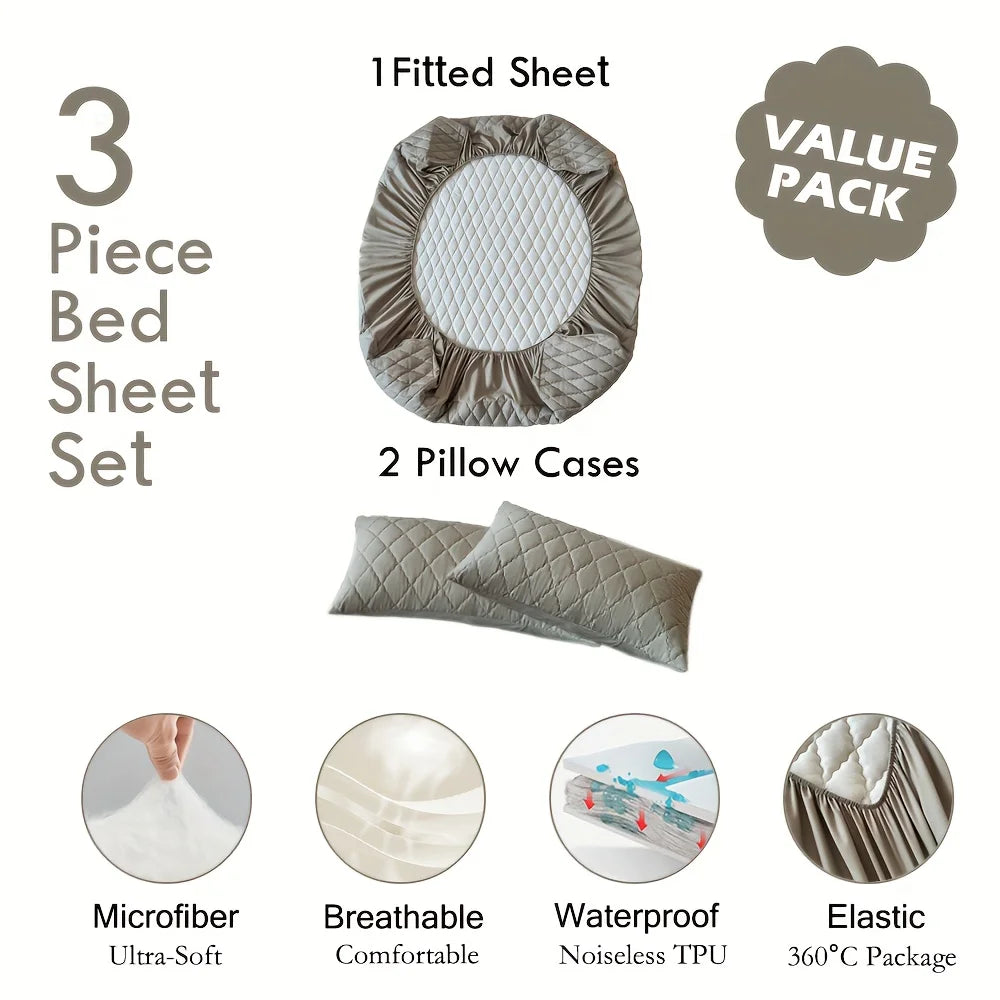 3pcs Waterproof Bed Sheet Set (1 Fitted Sheet + 2 Pillowcases, Without Core) Breathable Soft Thickened Mattress Protector