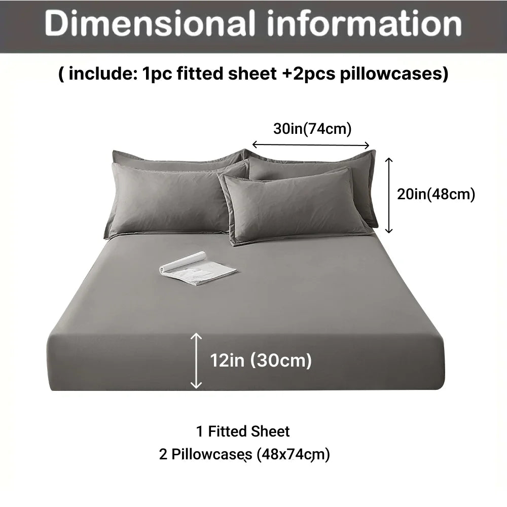 3pcs Cotton Fitted Bed Sheet Set (1 Fitted Sheet + 2 Pillowcases) Breathable Soft Mattress Cover with Pillow Cover Bedding Set
