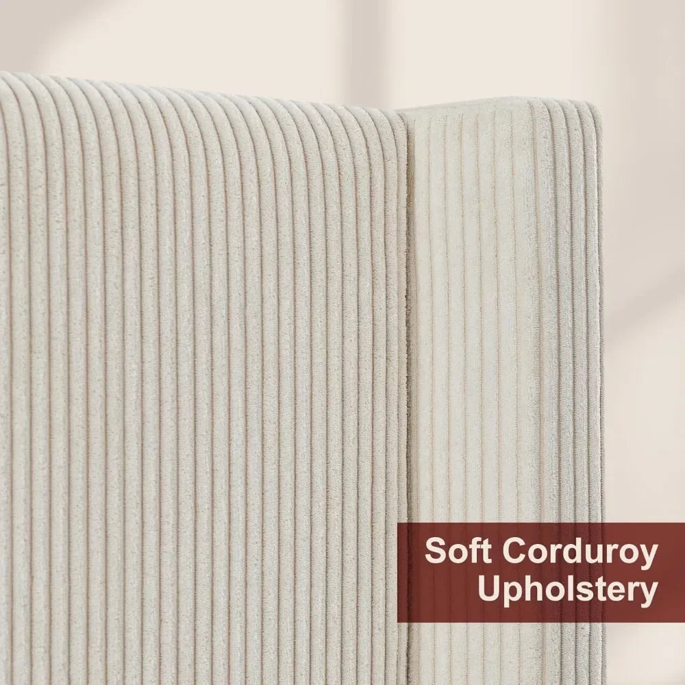 Corduroy Upholstered Bed Frame, Platform Bed with Vertical Stripe Wingback Headboard, No Box Spring Needed