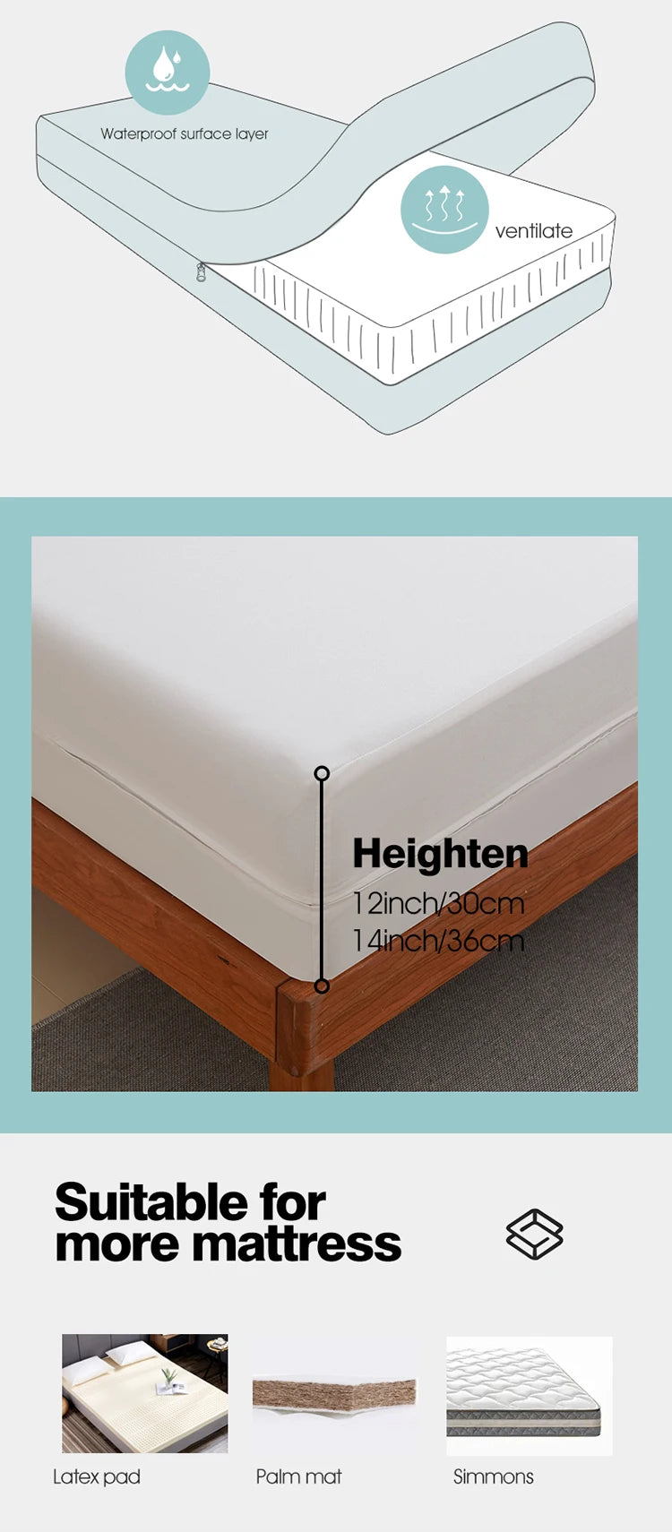 Waterproof Mattress Protector with Zipper Soft & Breathable Noiseless Mattress Cover for Single or Double Bed, Queen/King Size