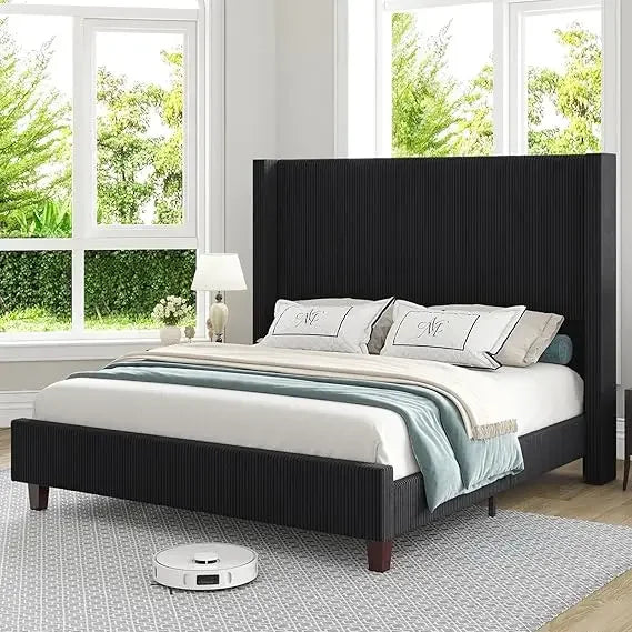 Corduroy Upholstered Bed Frame, Platform Bed with Vertical Stripe Wingback Headboard, No Box Spring Needed