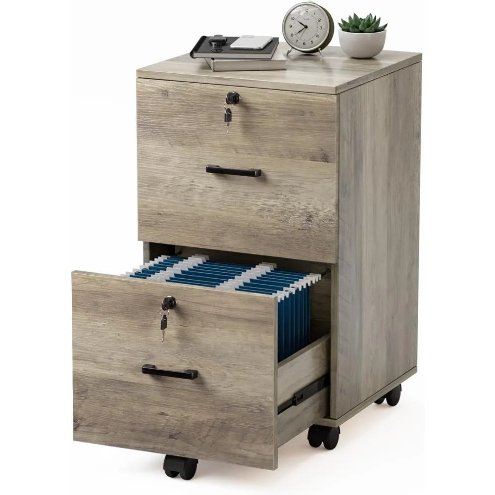 2 Drawer File Cabinet with Lock, Wood Rustic Gray File Cabinet for Letter Size File Folders with Tabs,