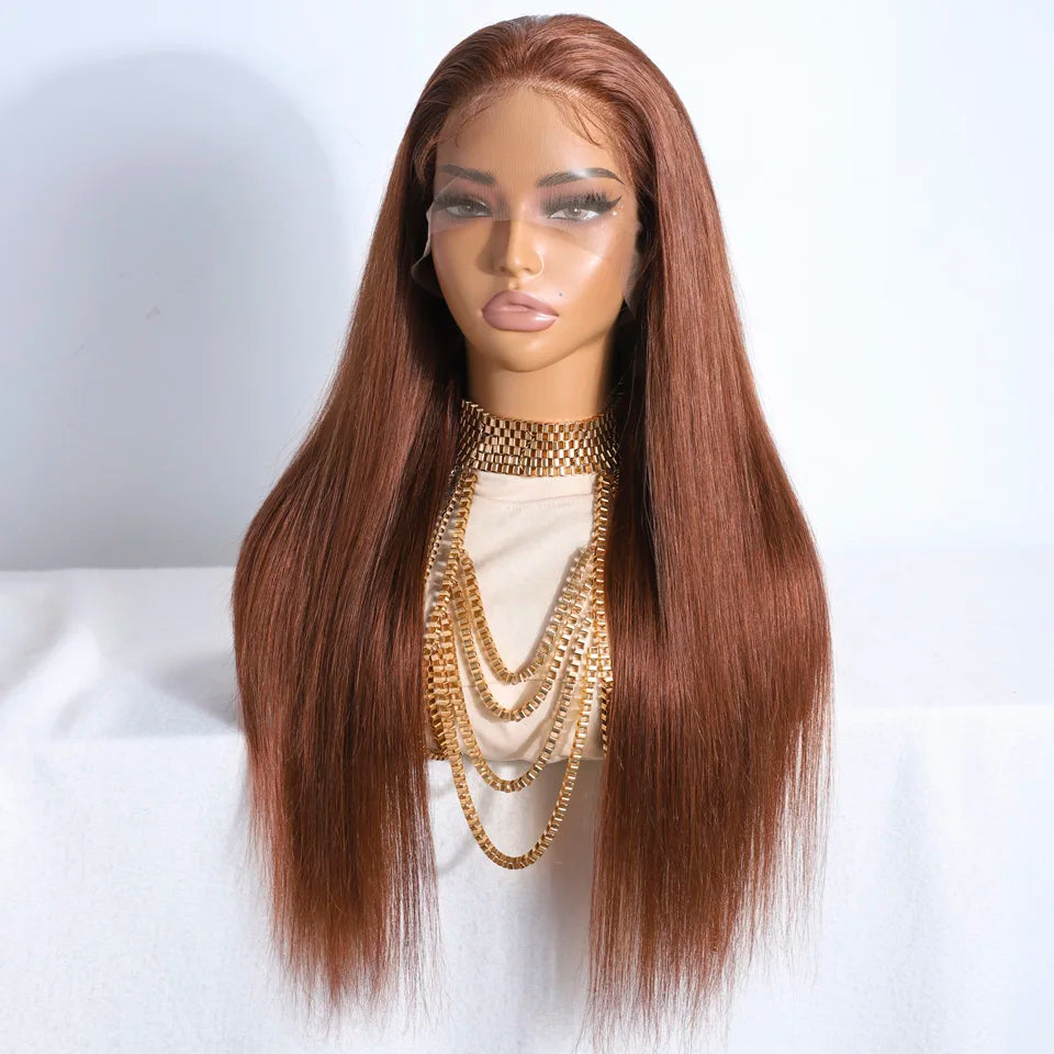 Lekker Chocolate Brown Bone Straight Lace Frontal Human Hair Wigs For Women Brazilian Remy Hair Pre Plucked Baby Hair 30" Wigs