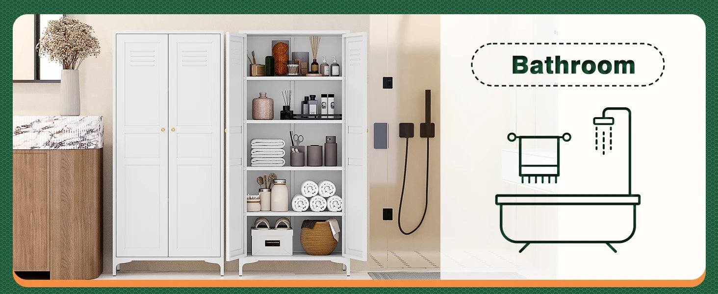 White Storage Cabinet with Feets-Metal Home Kitchen Pantry Cabinets with Doors and Adjustable Shelves,Organization Locker