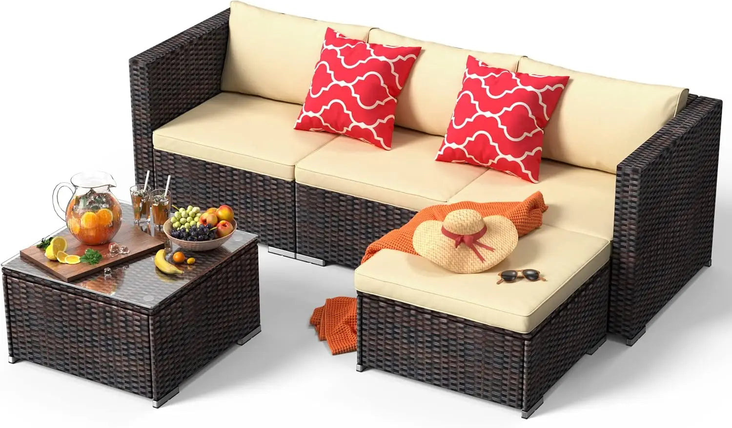Outdoor Patio Sofa Set PE Wicker Rattan Sectional Conversation Sofa with a Glass Coffee Table for Backyard Porch Poolside Patio