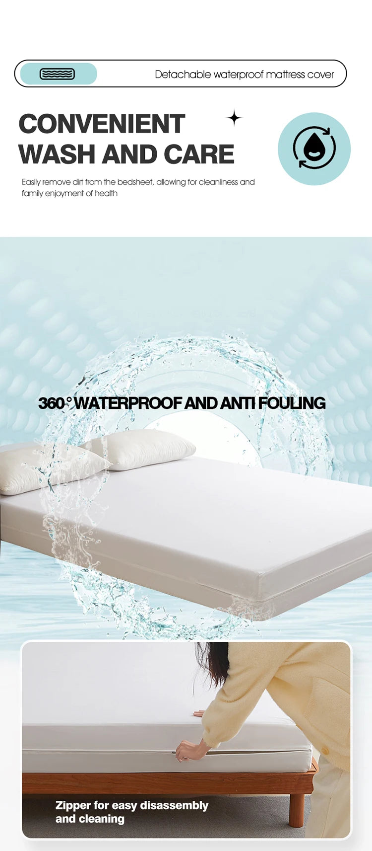 Waterproof Mattress Protector with Zipper Soft & Breathable Noiseless Mattress Cover for Single or Double Bed, Queen/King Size