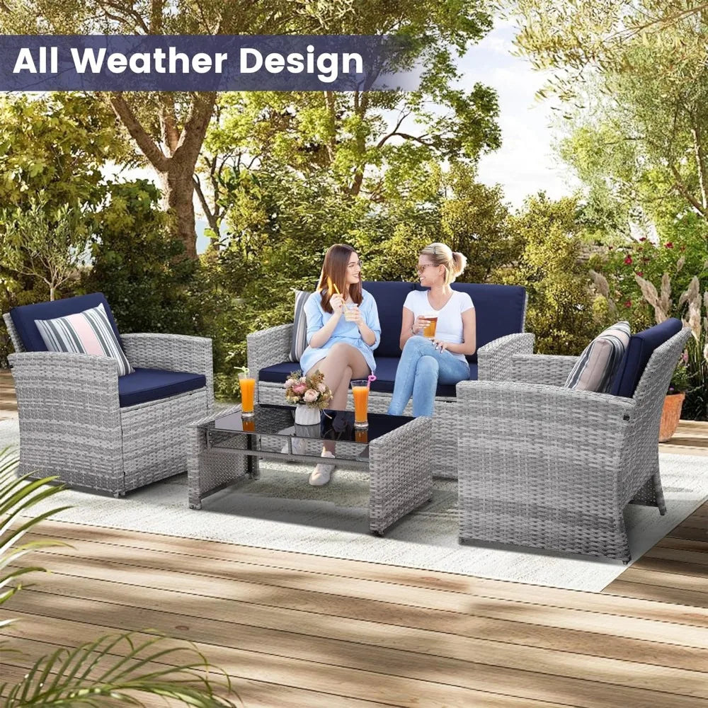 4 Piece Patio Conversation Set, Outdoor Wicker Sectional Furniture with Sofa, 2 Chairs, and Coffee Table, for Porch, Deck