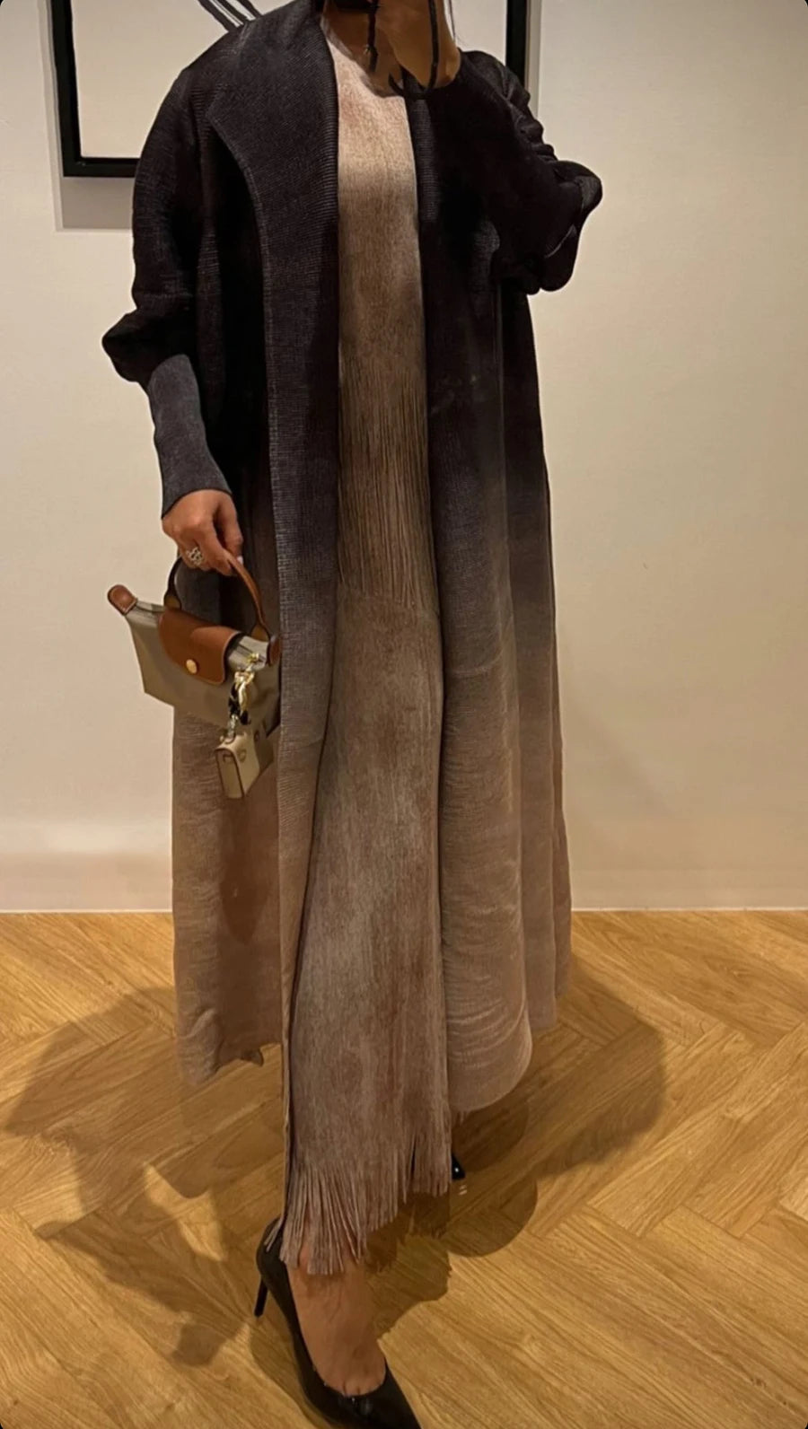 Miyake Pleated Gradient Turndown Collar Lantern Long Sleeve Jacket Women 2024 New Original Designer Abaya Fashion Long Coats