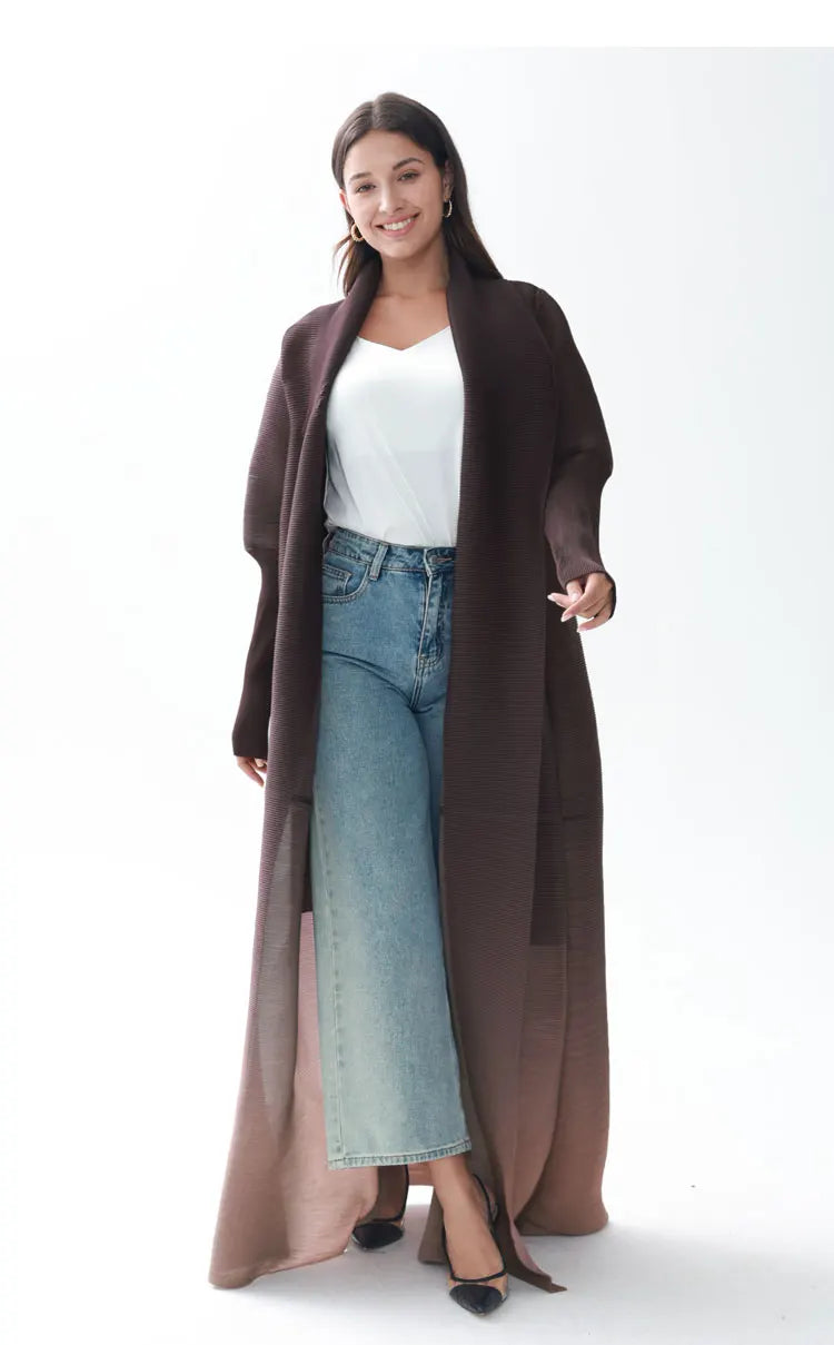 Miyake Pleated Gradient Turndown Collar Lantern Long Sleeve Jacket Women 2024 New Original Designer Abaya Fashion Long Coats