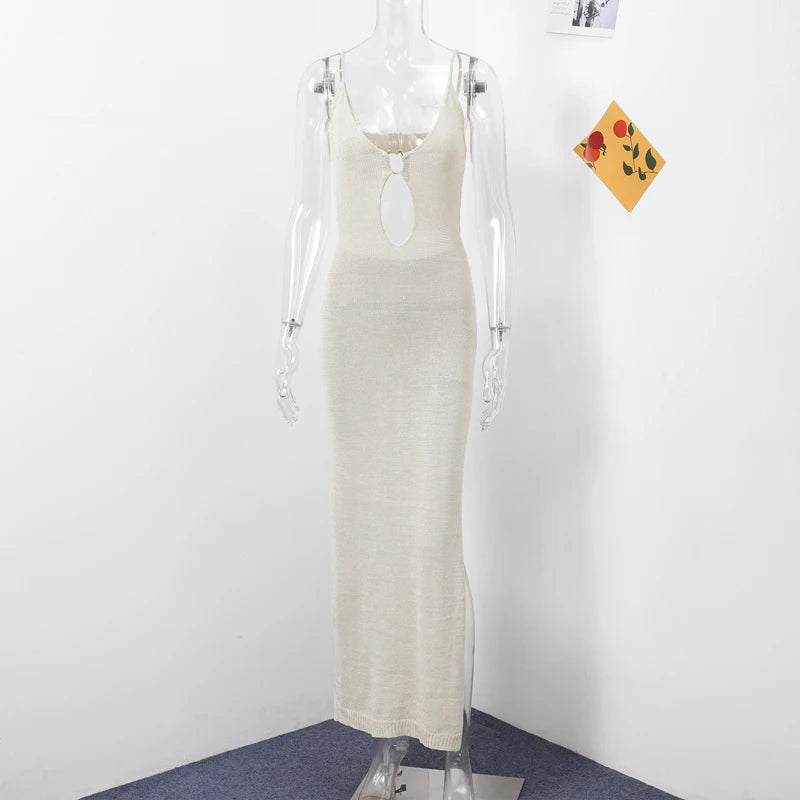 Sexy Hollow Out Crochet Knitted Splited Dresses for Women Solid Sleeveless V Neck Female Bodycon Dress 2024 Chic Beach Vestidoes