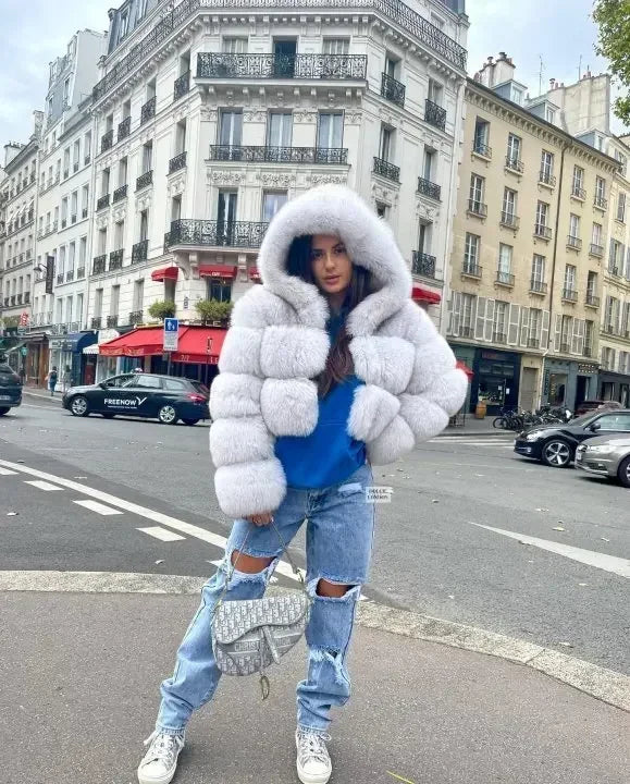 Fashion Warm Faux Fur Thicken Coat For Women Vintage Long Sleeve Hooded Short Female Jackets Autumn Winter Chci Lady Streetwear