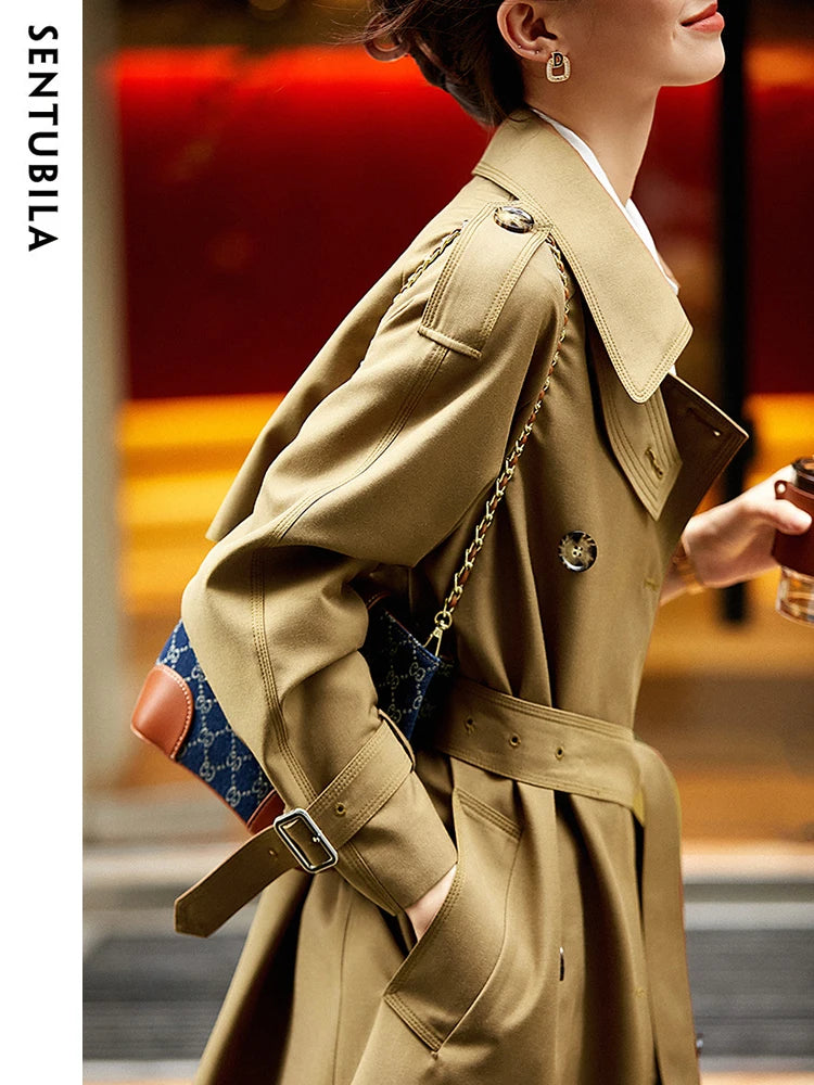 SENTUBILA Women's Belted Trench Coat Elegant Long Windbreaker Jacket Autumn Winter Double Breasted Maillard Outerwear