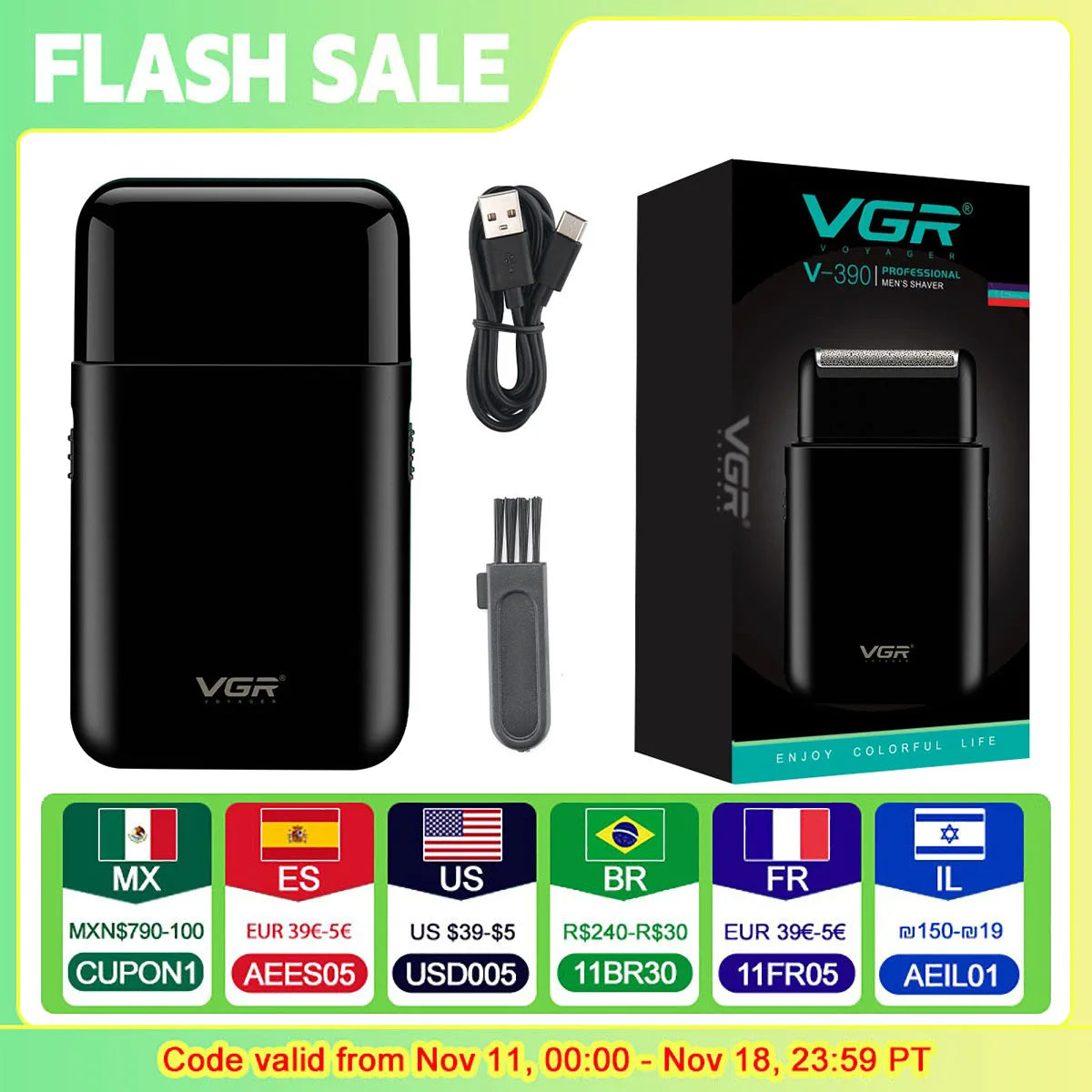 VGR Electric Shaver Professional Shaver Portable Mini Shaving Machine USB Charge Beard Trimmer for Men V 390