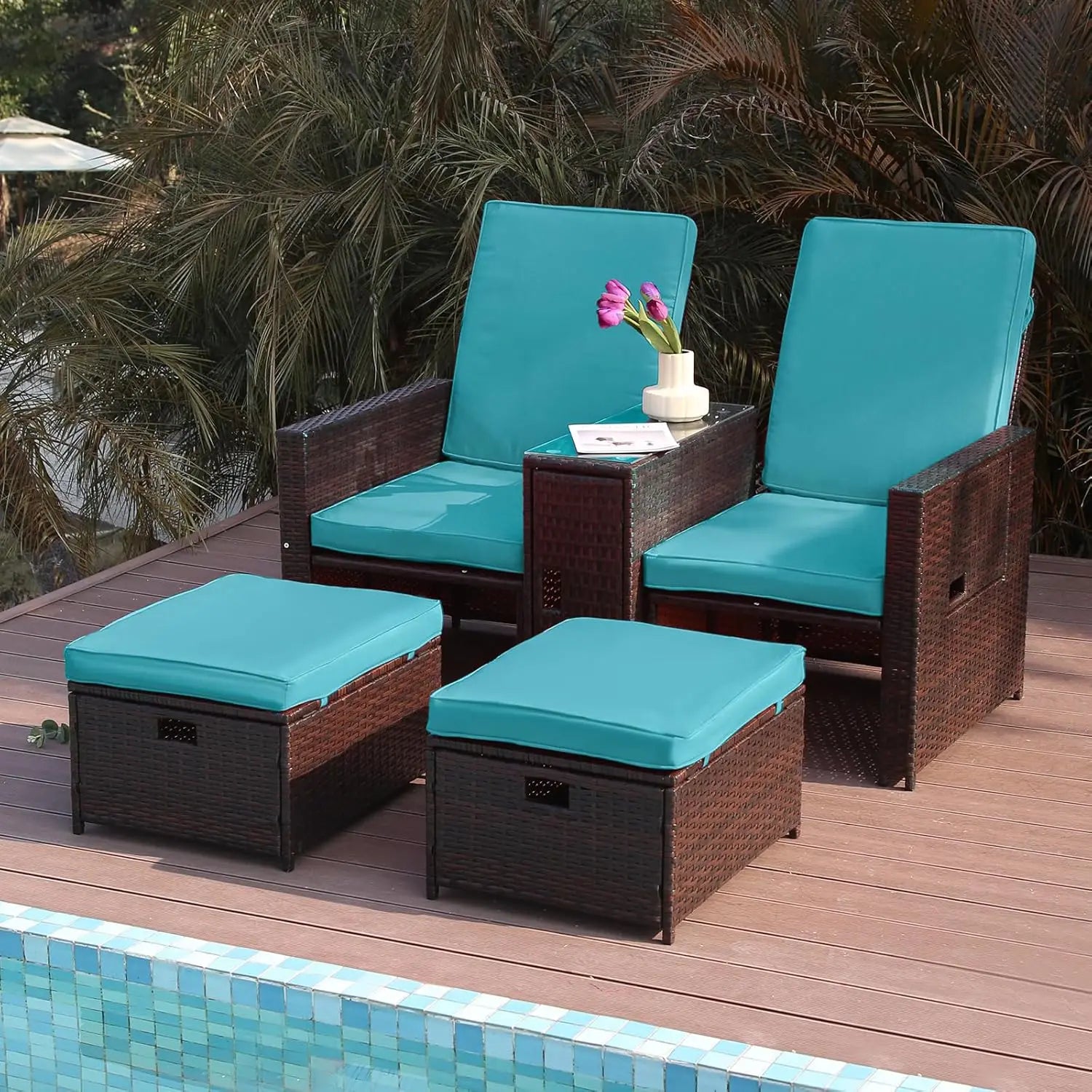 Patio Wicker Loveseat - Outdoor Rattan Sofa Set with Cushion - Adjustable Lounge Chair with Ottoman Footrest, Wicker Furniture