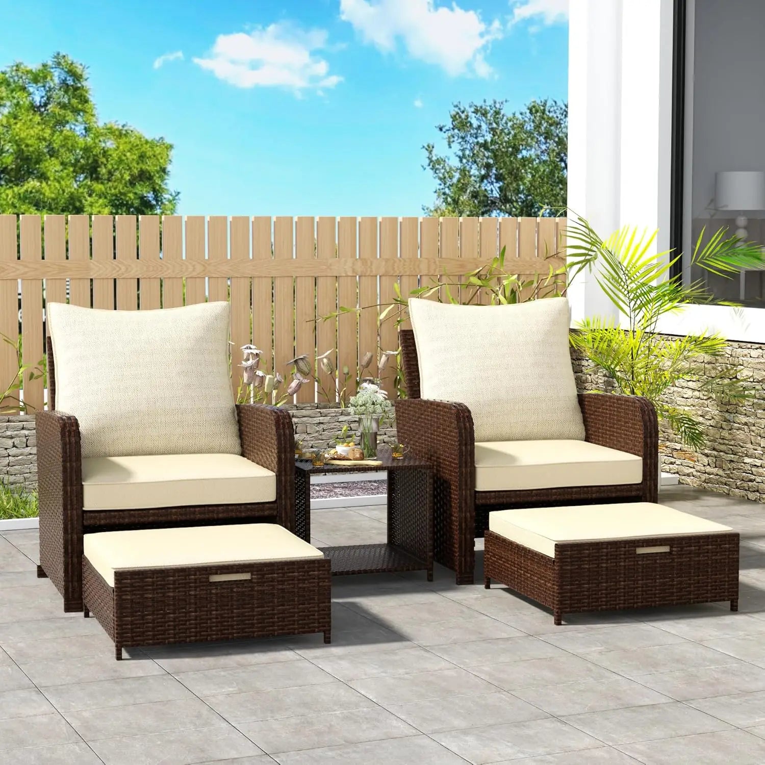 5 Pieces Patio Furniture Set Rattan Wicker Sofa Outdoor Conversations Sets with Table and Ottomans for Garden, Poolside, Backyar