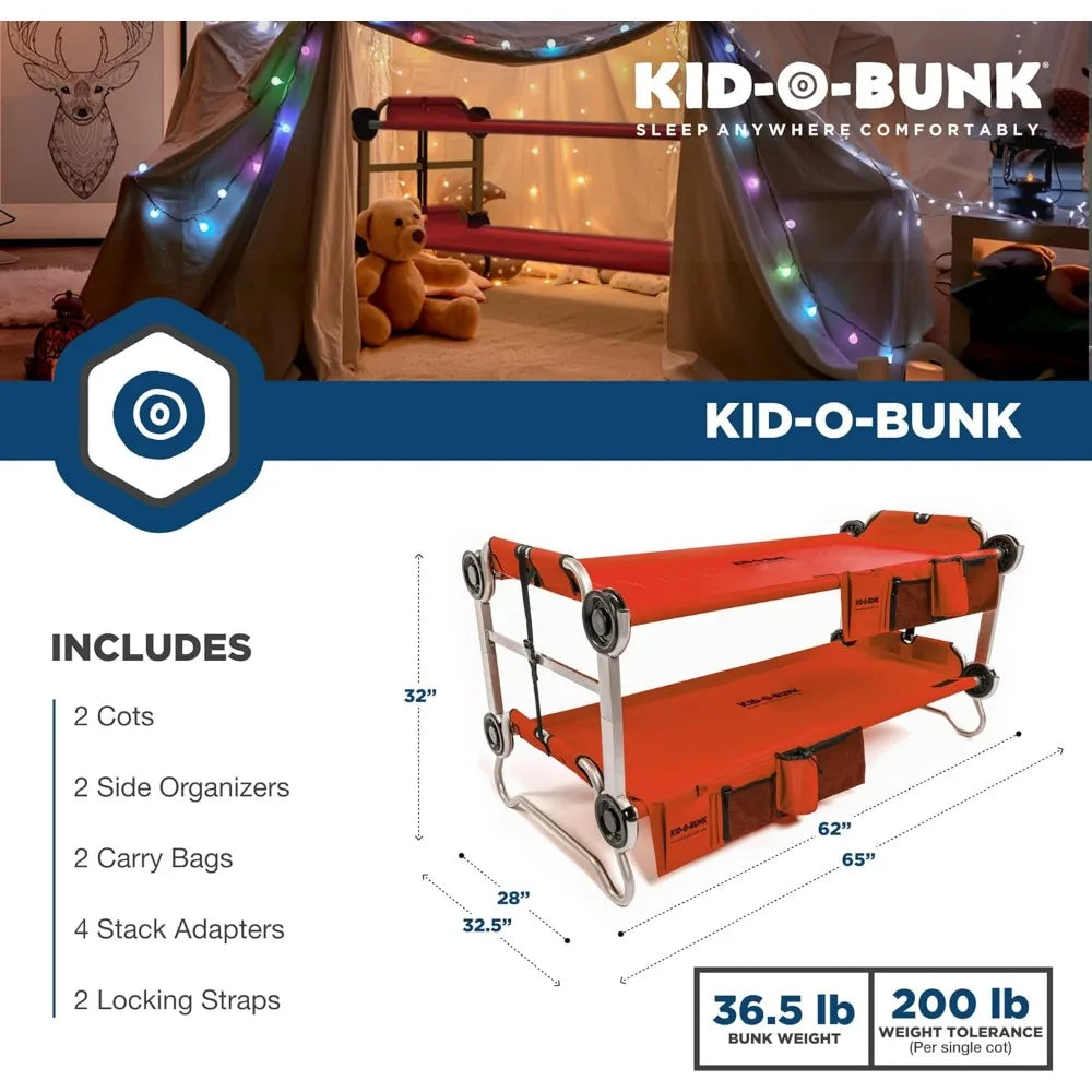 Youth Kid-O-Bunk 2 Person Bench Bunked Double Bunk Bed Cots with 2 Side Organizers and Carry Bags for Outdoor Camping Trips