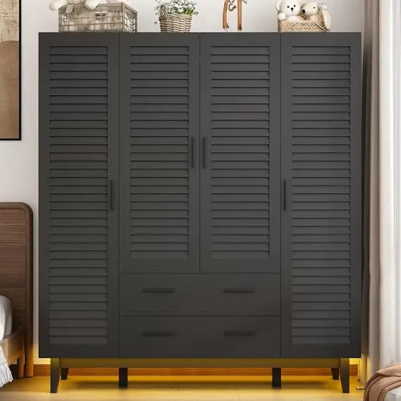 Armoire Wardrobe Closet Cabinet with Drawers and LED Lights, Multi-Tier Shelves, Hanging Rod & Louver Doors