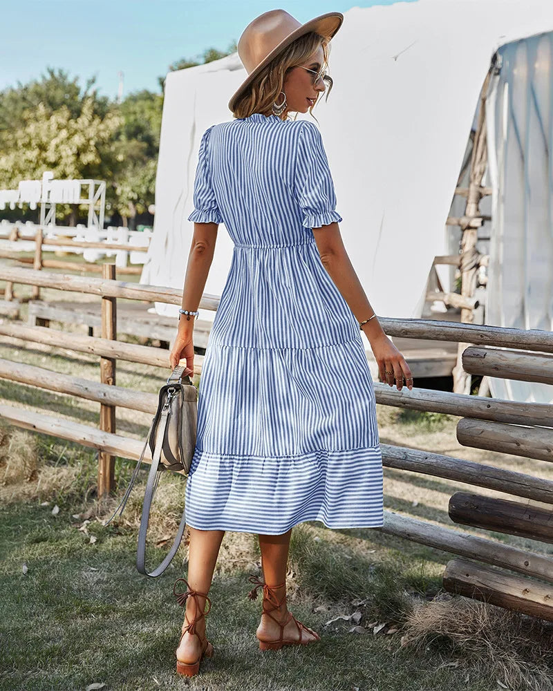 Women Elegant Striped Lantern Sleeve Summer Dress Causal V-neck Button Ruffles Midi Dress 2023 Women Beach Holiday Party Dress