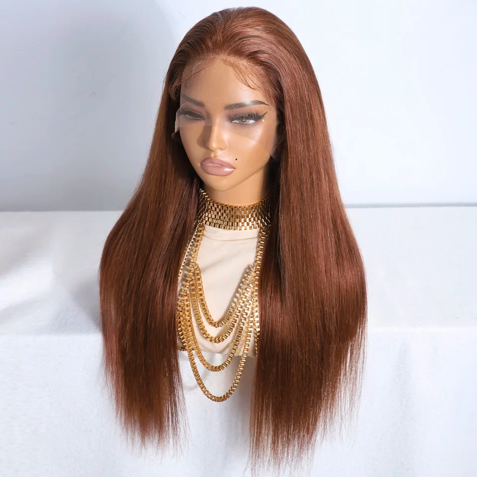 Lekker Chocolate Brown Bone Straight Lace Frontal Human Hair Wigs For Women Brazilian Remy Hair Pre Plucked Baby Hair 30" Wigs