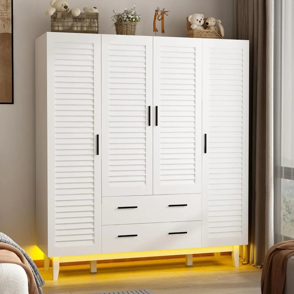 Armoire Wardrobe Closet Cabinet with Drawers and LED Lights, Multi-Tier Shelves, Hanging Rod & Louver Doors