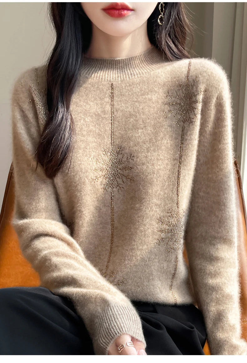 Diamond 100% Merino Wool Sweater 2024 New Women's Fashion Autumn/Winter Warm Hoodie Elegant Half High Collar Jumper Knitted Top