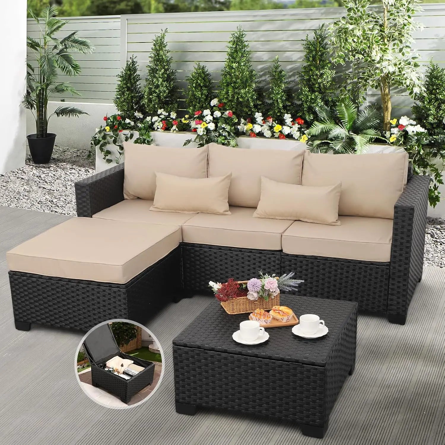 Outdoor Furniture Set 3 Pieces Wicker Patio Furniture Outdoor Sectional Patio Couch Outdoor Coffee Table with Waterproof Covers