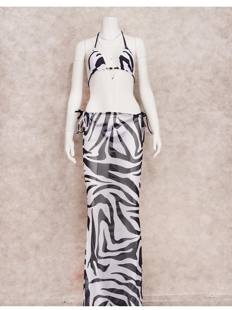 EDOLYNSA Sexy Zebra Stripes 3 Pieces Bikini Set 2024 Summer Beach Wear Triangle Bikinis Swimsuit Skirt Swimwear Cover-up A1554