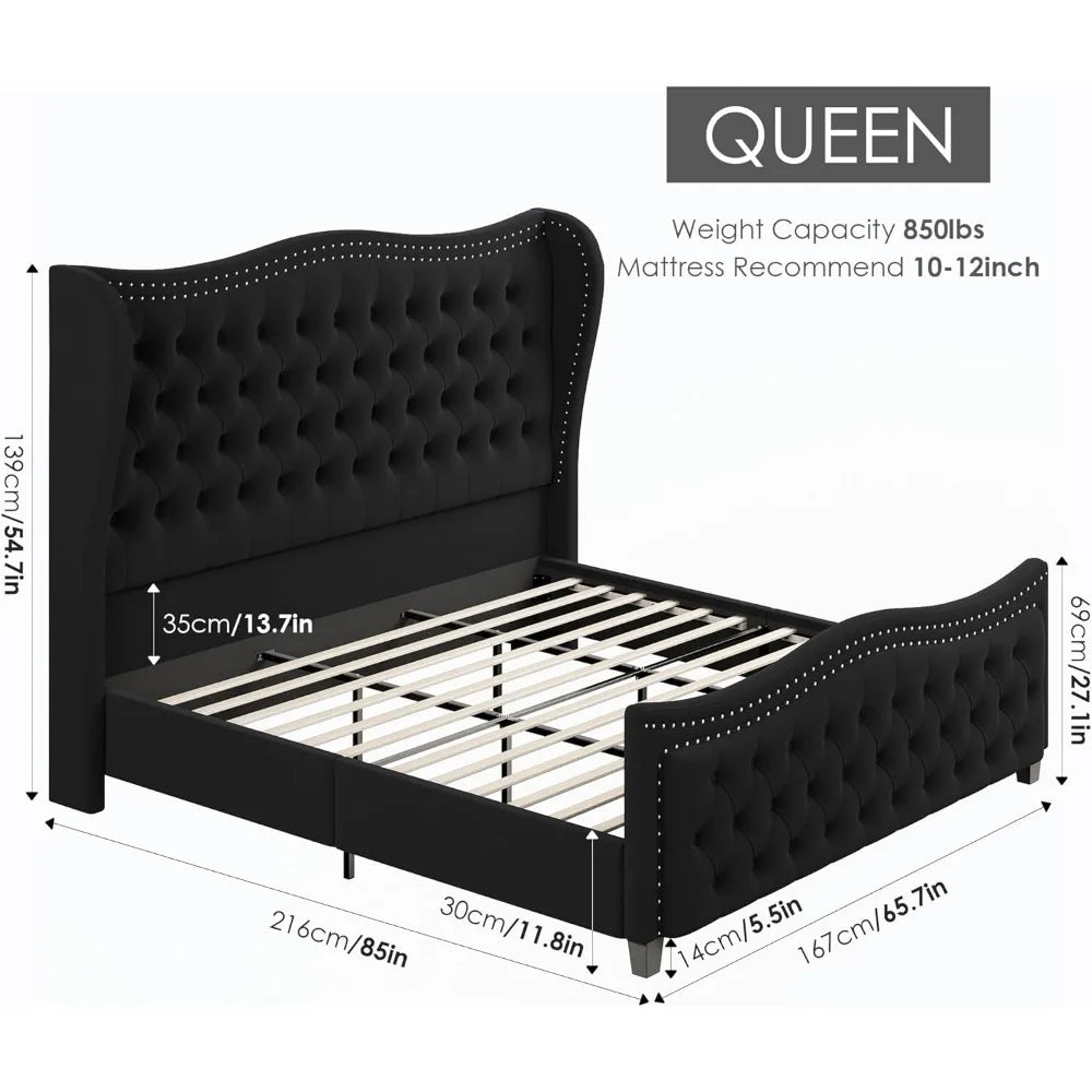 Bed Frame, 55"Headboard Upholstered Bed with Tall Footbaord,Velvet Handmade Pleats Deep Button Tufted WingbackPlatform Bed
