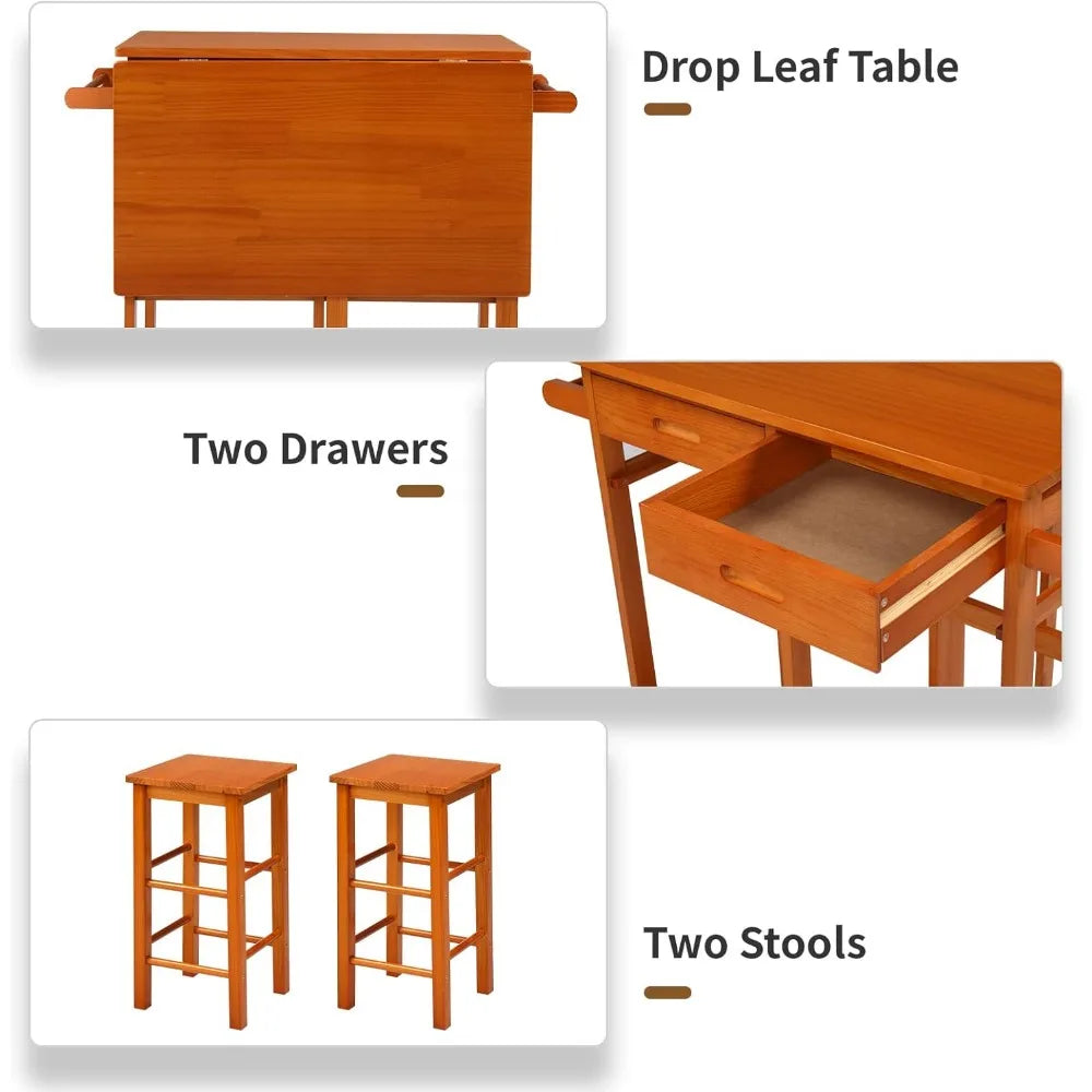 Kitchen Island Trolley Cart with 2 Square Stools and 2 Drawers Solid Wood Drop Leaf Table Easy Put Together