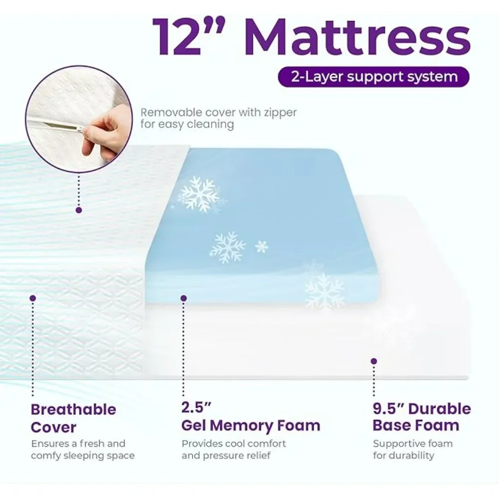 12 Inch Cooling Gel Memory Foam Mattress Medium Firm for Cool Sleep Pressure Relieving CertiPUR-US Certified Convenient