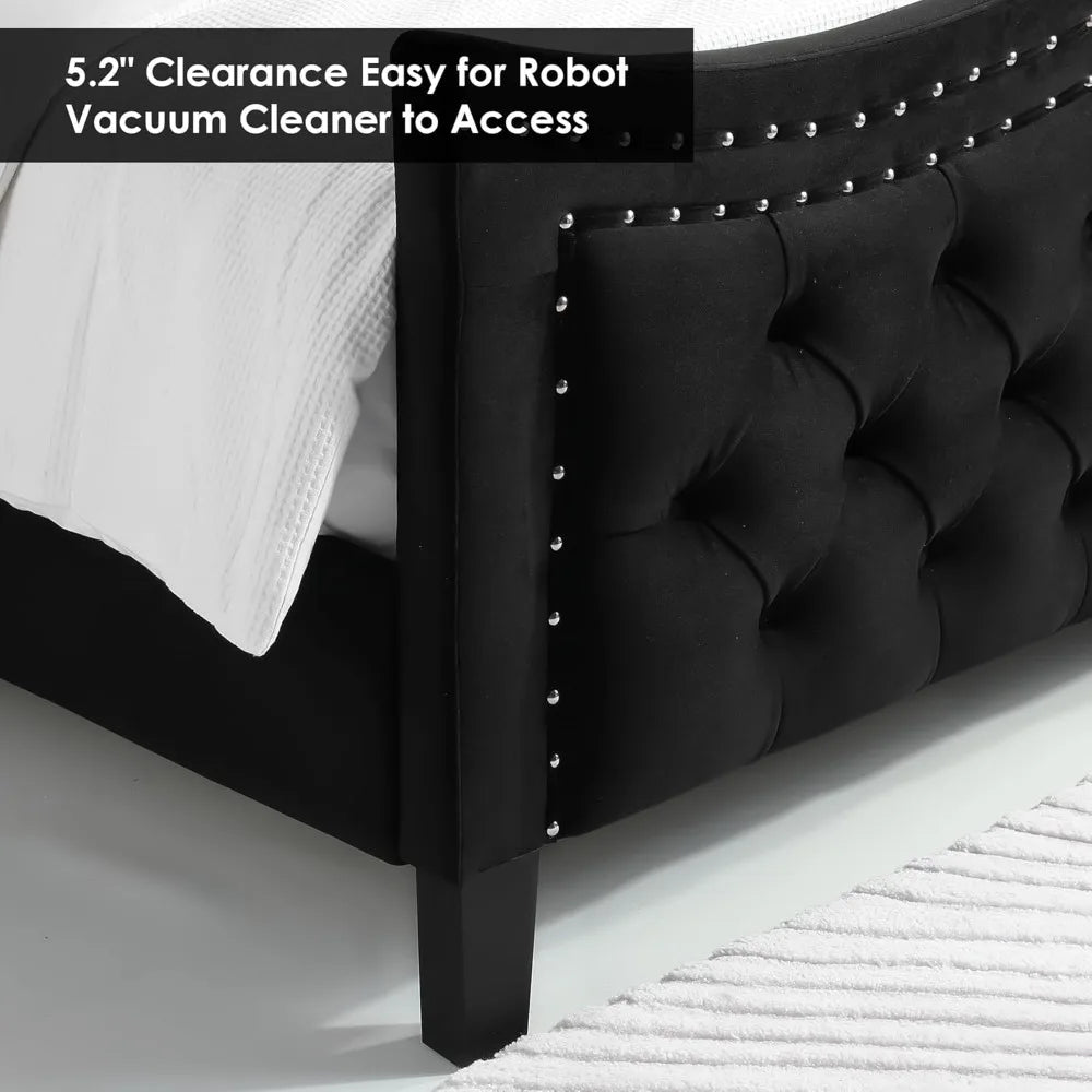 Bed Frame, 55"Headboard Upholstered Bed with Tall Footbaord,Velvet Handmade Pleats Deep Button Tufted WingbackPlatform Bed